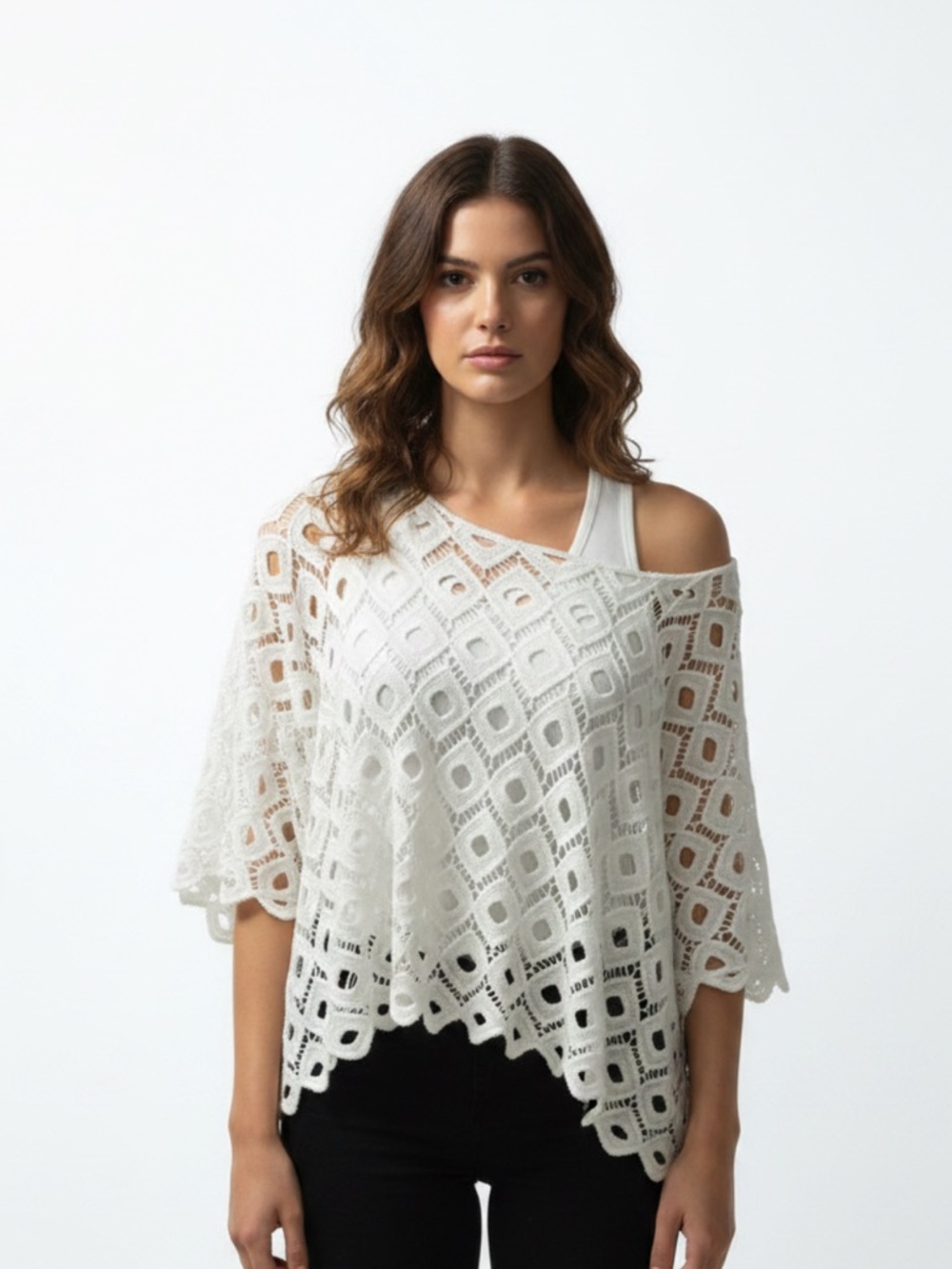 Frank Lyman Design White Crochet Off-Shoulder Sweater Poncho